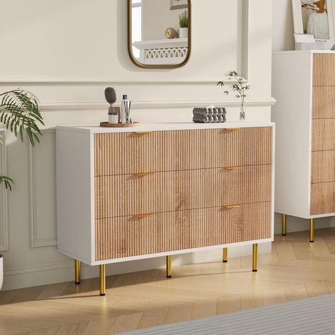 Kommode mit 5 Schubladen, Sideboard Holz, moderner Schubladenschrank Weiß+Naturholz (1/5)