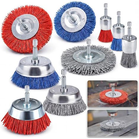 Lot de 9 brosses à pot en fil de nylon : 3 tailles de brosse en nylon pour perceuse avec tige hexagonale de 1/4" en nylon pour nettoyer et enlever la rouille (1/5)