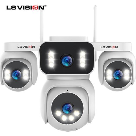 Caméra de surveillance WiFi extérieure LS VISION, 4 objectifs et 4 écrans simultanés, PTZ 360°, 20 MP Ultra HD, zoom numérique 16x, vision nocturne couleur et infrarouge 30 m, détection humaine, suivi (1/5)