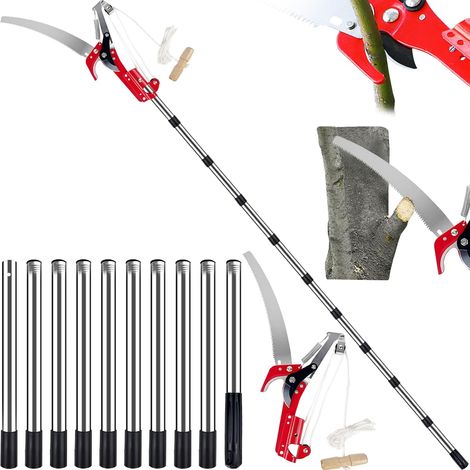 Coupe Branche Telescopique avec Lame en Acier au Carbone SK5, Secateur Telescopique 2 en 1, Scie à Élaguer Extensible Réglable 82 à 408 cm, Echenilloir Télescopique pour Élagage Palmiers Arbustes (1/4)
