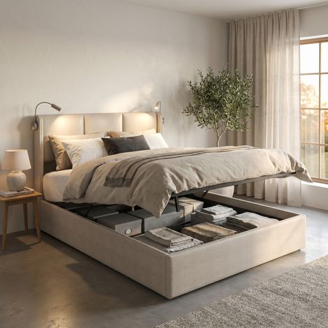 Letto contenitore 160x200 cm con LED, lampade da lettura e USB, sollevamento idraulico, letto matrimoniale, tessuto lino, grigio