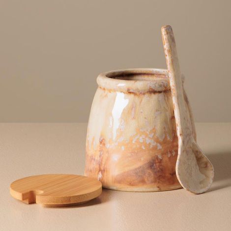 Pot à moutarde avec sa cuillère beige en céramique 10x11cm