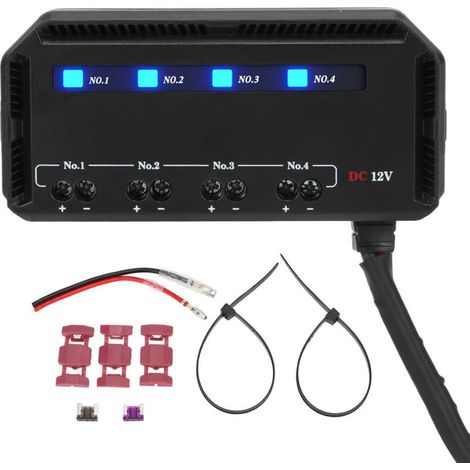 Bote à fusibles et relais 4 voies 12 V – cablage rapide, LED intégrée, 20 A – pour moto, voiture, camion, camping-car et véhicules électriques (1/5)