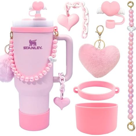 Ensemble d'accessoires pour gobelet, chaîne de perles, cordelette, chapeau de paille à motif bégonia, manchon en silicone et pendentif pompon en forme de cœur rose (6 pièces) (1/5)