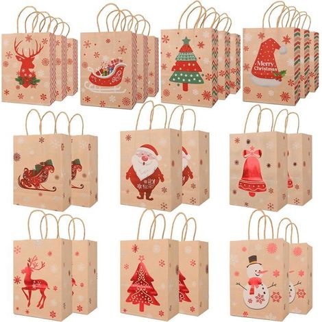 Lot de 24 Sacs Cadeaux de Noël en Papier Kraft Avec Poignée pour Emballage, Fournitures de Fête