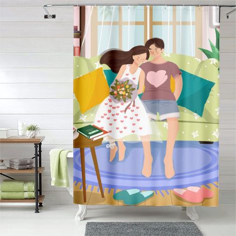 Rideau de douche cartoon amoureux, œillets plastique – Cadeau original (1/5)