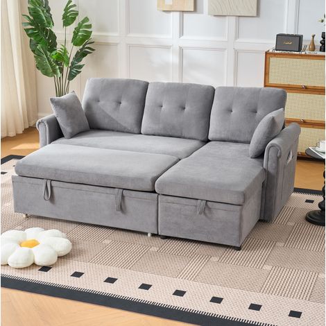 Canapé d'angle convertible 3 places en chenille, avec fonction couchage et rangement, canapé-lit pour salon ou chambre d'amis, gris (1/5)