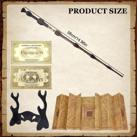 Baguette Dumbledore, 37CM Baguette de Sureau avec Noyau Acier, Dumbledore Baguettes Boîte Cadeau avec Carte, Billet et Support de Bbaguettes Noire (1/4)
