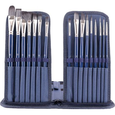 Brush Set - 16 Piece Paint Brushes - Round Flat Angled Fan Filbert - For Acrylic Oil Watercolor Face Art Miniature Detailing - Blue (1/5)