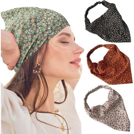 Set di tre fasce per capelli floreali da donna: fascia triangolare in stile bohémien con elastico antiscivolo, completa di fermagli e fascia per capelli. (1/4)