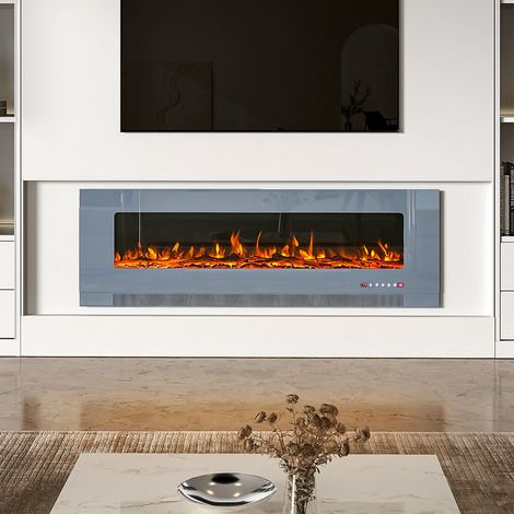 Grey 60 Inch Wall Mounted LED Electric Fireplace with 9 Flame Colours (1/5)