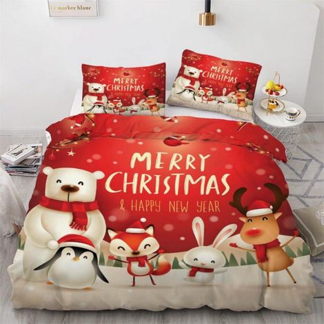 Bettwäsche-Set 220x240 cm 3-teilig Mikrofaser mit Reißverschluss 3D Motiv Weihnachten Pinguin Fuchs Rentier