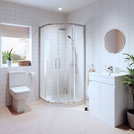 Bathroom Suite Quadrant Shower Enclosure Vanity Unit Basin Sink Toilet WC 900mm (1/5)