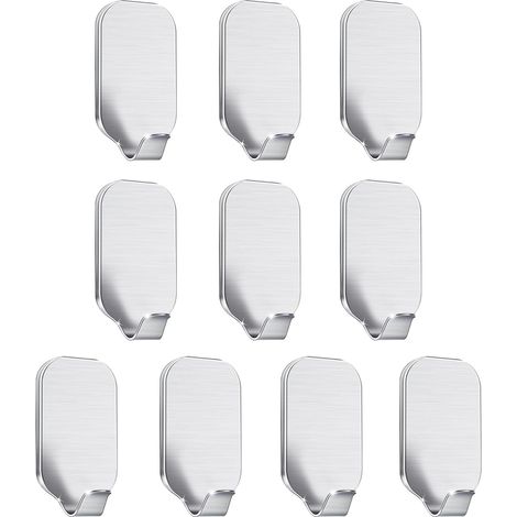 10 Pack Wall Door Hooks Adhesive Hooks for Bathroom Kitchen Hanging Clothes Cloth Towel Keys - Stainless Steel, Waterproof, Nail Free (1/5)