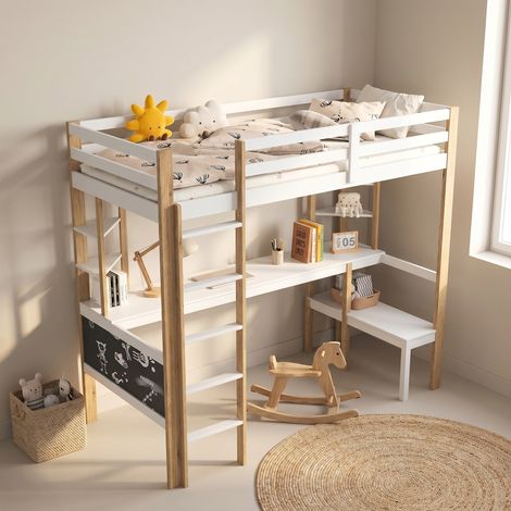 Letto a soppalco 90x200 cm con scrivania, scaffali e lavagna, letto combinato in legno, bianco
