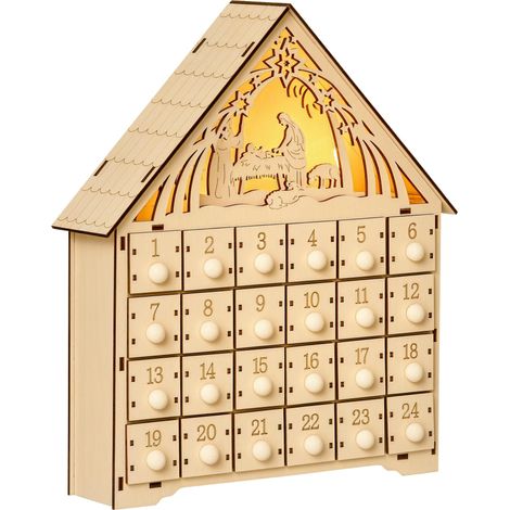 Calendrier de l'Avent en bois avec lumières, calendrier de Noël avec 24 cases de compte à rebours, 26,6 x 6 x 30 cm, naturel (1/5)