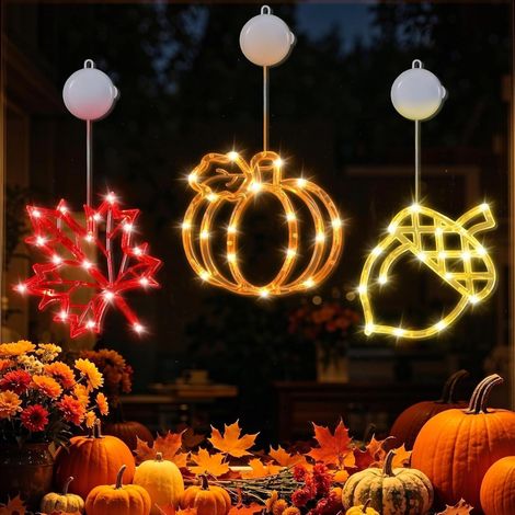 Herbstliche Fensterbeleuchtung, 3-teiliges Set mit LED-Beleuchtung: Eichel, Ahornblatt, Kürbis und Saugnapf (1/5)