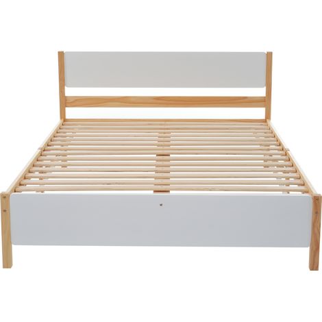 Lit d'adulte, double, cadre en pin avec pied central, blanc + naturel, 140x200 cm (1/5)