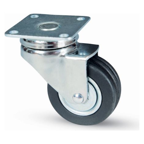 Roue en caoutchouc avec roulement Art.150 60x18 mm capacite' 40 kg avec plaque et support de fourche en acier embouti et chrome'