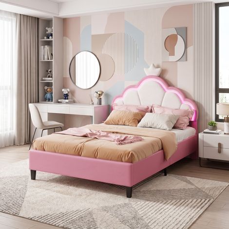 JOOKGBD‑Cama infantil 140x200cm con cabecera en forma de corona, tapizada en terciopelo rosa y blanco, con tira LED RGB, somier de listones, estructura robusta, ideal para habitación de niñas (1/5)