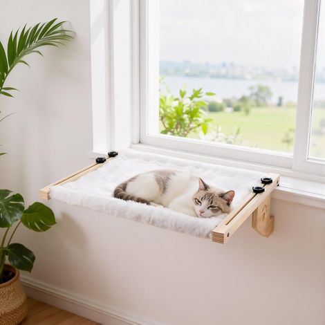 1 Hamac Pour Chat, Structure En Bois Massif, Coussin Doux Lavable, Support 15 Kg, Pour Fenêtre Et Meubles (1/5)