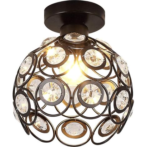 Plafonnier Moderne Lustre Abat-jour en Cristal et Métal LED Suspension Luminaire Vintage Industrielle E27 Lampe de Plafond Intérieure Décoration pour Chambre Couloir - Noir, 20 CM (1/5)