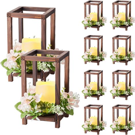 Lanterne de Mariage en Bois, Lot de 10, Lanterne Décorative avec Bougies LED sans Flamme, Couronnes de Fleurs Artificielles, pour Centre de Table de Mariage, Fête, Décoration Intérieur, Marron (1/5)