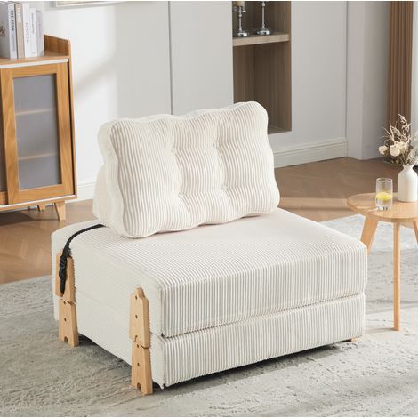 Fauteuil convertible 1 place en velours côtelé beige, lit pliant 90x170 cm avec pieds en bois (1/5)