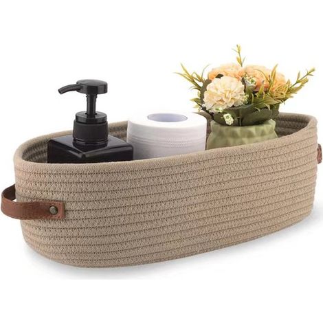 Korb aus geflochtenem Baumwollseil, Toilettenpapierhalter, Aufbewahrungskorb mit Griff, 33 cm x 15 cm x 10 cm, khaki. (1/4)