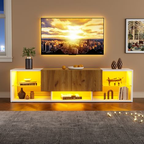 Meuble TV console à 3 niveaux pour téléviseurs jusqu'à 70", centre multimédia moderne avec plateau de rangement en verre et 2 tiroirs, meuble TV, adapté au salon et à la chambre, blanc (1/5)