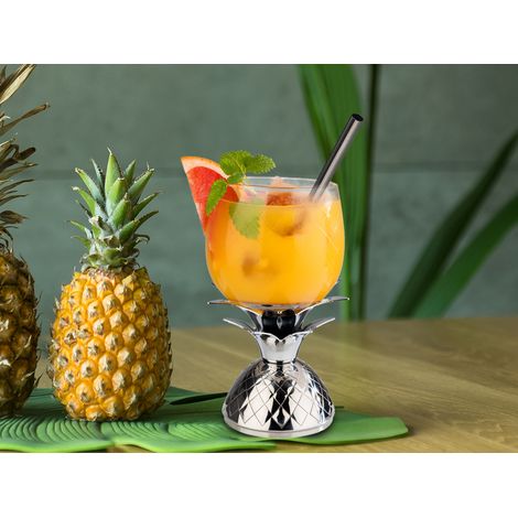 Ananas Cocktailglas 350ml mit Edelstahl Deckel in silber und Metall Strohhalm (1/5)