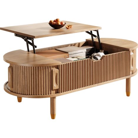 Tavolino da caffè ovale 110x48x57 cm con piano sollevabile, vano portaoggetti, MDF naturale (1/5)