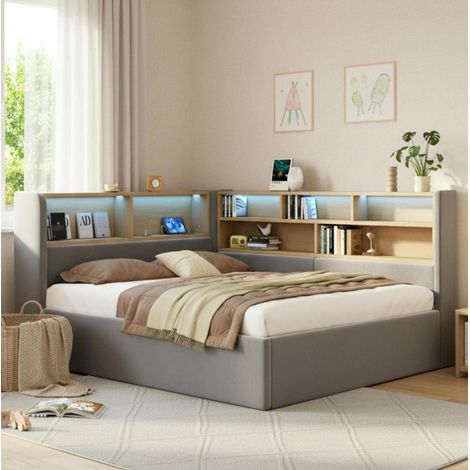 Letto contenitore 140 x 200 cm con sollevamento idraulico, LED, USB Type-C, velluto grigio HAVRYA (1/5)