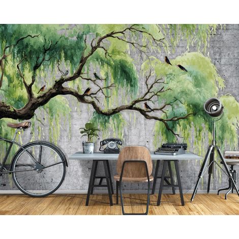 Fototapete Baum Beton Grün, für Wohnzimmer und Schlafzimmer, 150 x 105 cm – Komplettset inkl. Kleister & Anleitung (1/5)