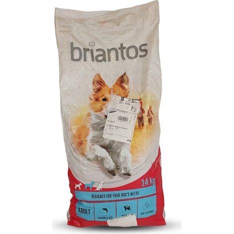 BRIANTOS - Croquettes Chien Adulte - Saumon et Riz - 14kg - Haute Tolérance Digestive - Emballage légèrement poussiéreux - Voir photos (1/4)