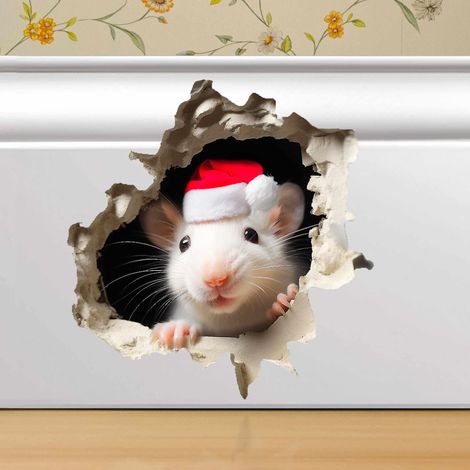 Une souris de Noël assise dans un trou  un autocollant mural craquelé  une décoration amovible  une plinthe  un autocollant mural pour enfants à effet 3D. 12 × 11,5 cm (1/4)
