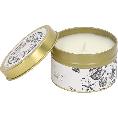 Bougie parfumée aux huiles essentielles de plantes naturelles, cire de soja, en boîte métallique dorée, 70 g, parfum Océan