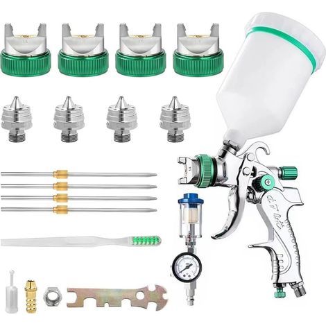 HVLP Pistolet à Peinture 600ml avec 4 Buses 1,4/1,7/2,0/2,5mm,Pistolet Peinture Pneumatique pour Les Murs, l'automobile, Les travaux de rénovation (Vert) (1/5)