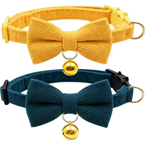 Lot de 2 Colliers pour Chat avec Nœud Papillon et Clochette, Collier Chaton Réglable avec Boucle de Sécurité Anti-Étranglement, Accessoires pour Chats et Chatons, Orange et Bleu Paon (1/5)