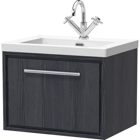 Longnor 1 Drawer Wall Hung Vanity Unit with 1 Tap Hole Modern Fireclay Basin, Woodgrain Graphite Grey, 600mm