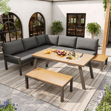 Salon de jardin pour 6-7 personnes, adapté pour jardin, balcon, terrasse, groupe de sièges résistant aux intempéries, groupe de salle à manger, cadre en fer galvanisé, plateau de table avec seau à gla