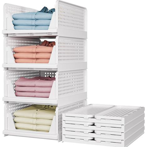 4 Pcs Organisateur Armoire Vetement Empilable, Boîtes Rangement Plastique Pliables, Tiroir Organisateur Placard, Paniers Organiseurs Dressing pour Chambre Coucher, Penderie, Cuisine, Salle Bain(Blanc) (1/5)