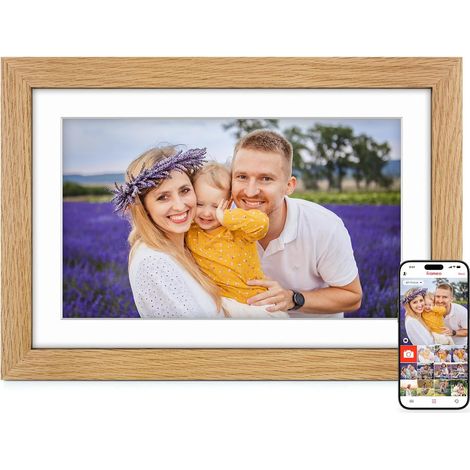 Cadre Photo Numérique Bois WiFi 10.1 Pouces, Mémoire 32 Go, écran Tactile IPS 1280 800 HD, Auto-Rotation, Montage Mural, Partage de Photos Vidéos, Cadeau Femme Homme, Bois de Chêne (1/5)