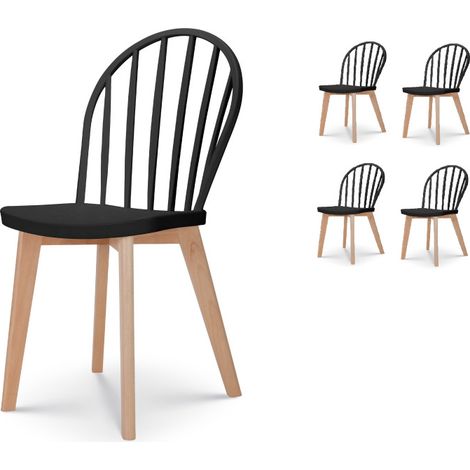 Kosmi – Lot de 4 chaises de salle à manger noires – Pieds en bois naturel – Assise en résine arrondie – Dossier incurvé pour confort