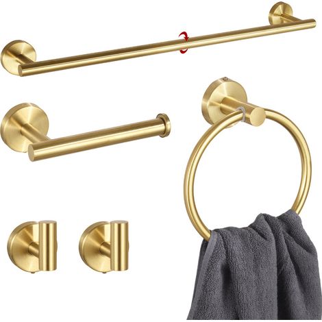 Set di accessori da bagno da 5 pezzi - Acciaio inossidabile con finitura dorata - Include portasciugamani, portarotolo, anello portasciugamani e ganci (1/2)
