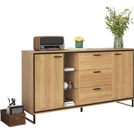 Buffet bas LED avec étagères réglables et portes vitrées, grand rangement salon en bois et noir, effet lumineux 16 couleurs, 160 cm CHICFURN (1/5)
