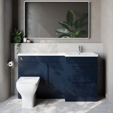 Napoli 390 Deep Blue 1500mm 2 Drawer Vanity Unit Toilet Suite with Right Hand Square Lucia Basin - 1500mm - Chrome 320mm HandleWith Kingston Toilet Pan and Seat