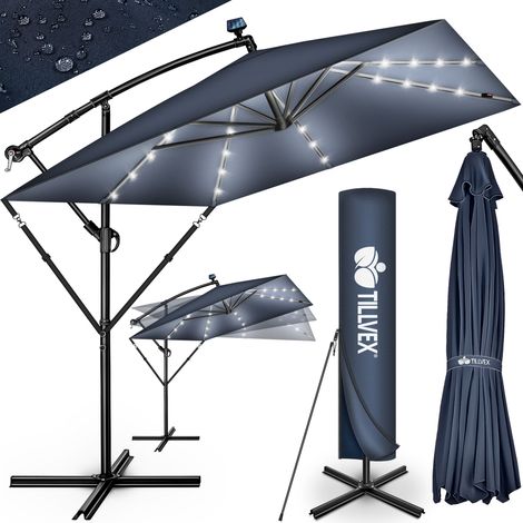 tillvex® Alu Sonnenschirm Rechteckig Ø 330 cm mit LED Solar Navy-Blau + Abdeckung mit Kurbel Ampelschirm mit Ständer & Windschutz Gartenschirm UV-Schutz, wasserdicht, 360° drehbar Kurbelschirm Mark (1/5)