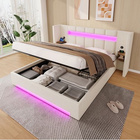 Cama canapé 160x200 cm con cabecero ancho, USB, LED y almacenamiento estilo retro, tapizada en terciopelo, beige (1/5)
