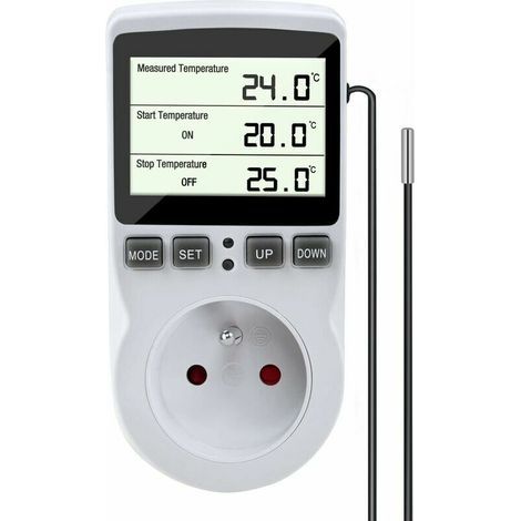 Prise Thermostat, Regulateur de Temperature, Chauffage Refroidissement Thermostat, Regulateur Numérique Thermostat avec Sonde, LCD Prise Contrôleur de Température pour Terrarium Aquarium Serre (1/5)